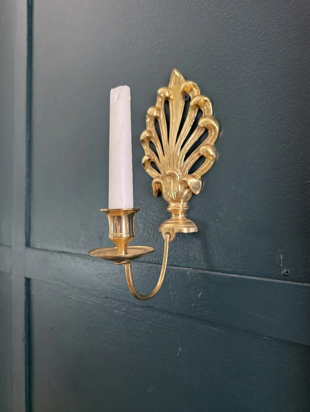 Set Of 2 Brass Gold Taper Candle Wall Sconce Holder Vtg Peacock 9' Small